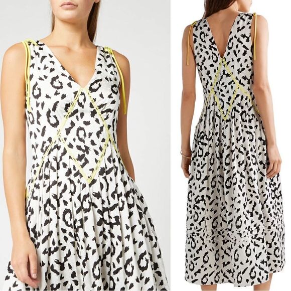 Self Portrait Embroidered Leopard Print Satin Jacquard Pleated Midi Dress Sz 4 - Picture 2 of 9